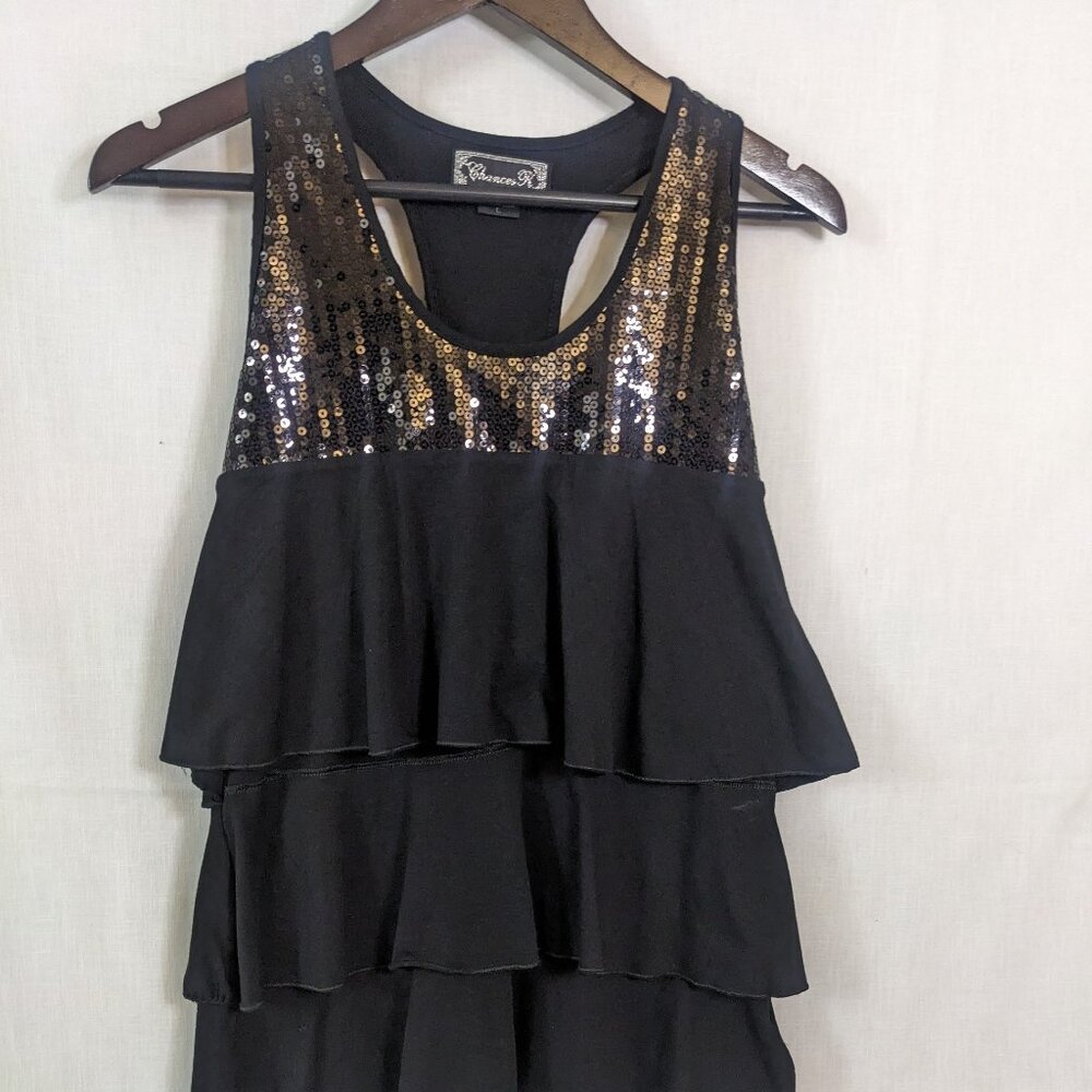 Chances R Women's Black and Sequined Sleeveless Ruffled Camisole Blouse Size L